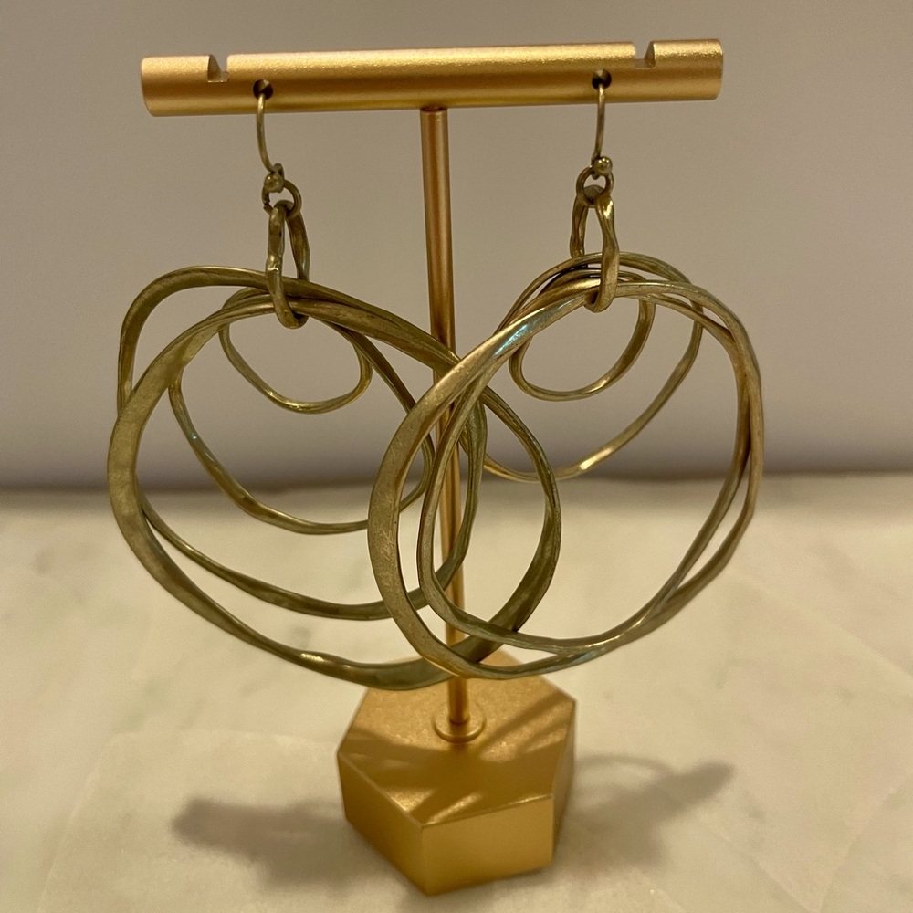 Racheal Roy earrings, matte gold, dangling hoops